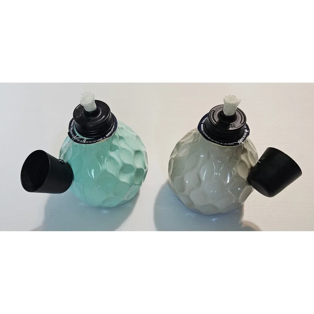 Tiki Brand Glass Tabletop Torches Set of 2 Honeycomb Textured Green Grey 6.5in